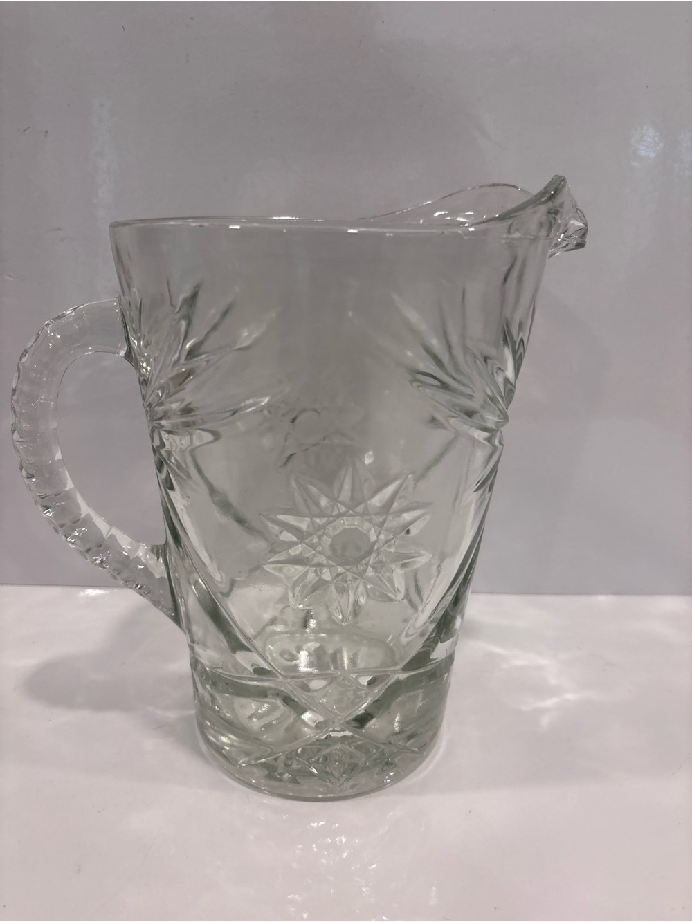 Vintage pressed glass water pitcher pinwheel starburst pattern clear glass juice